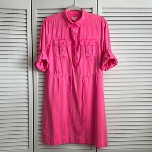J Crew neon pink shirt dress with roll up sleeves and tie belt